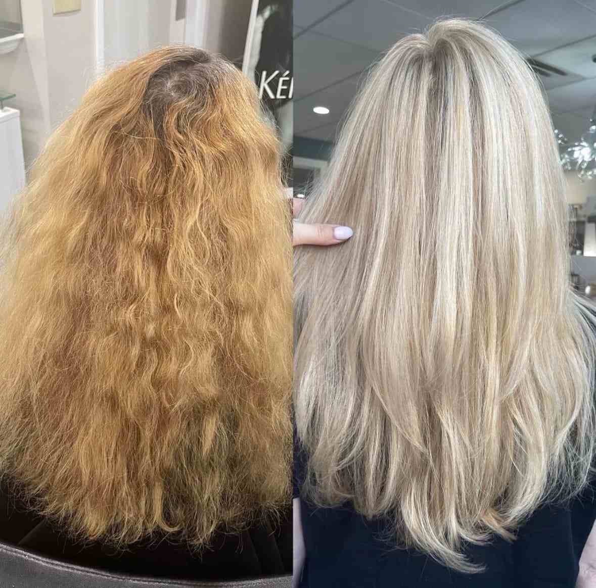 Before-and-after hair color transformation at Elavína Salon and Spa in Manchester, NH.