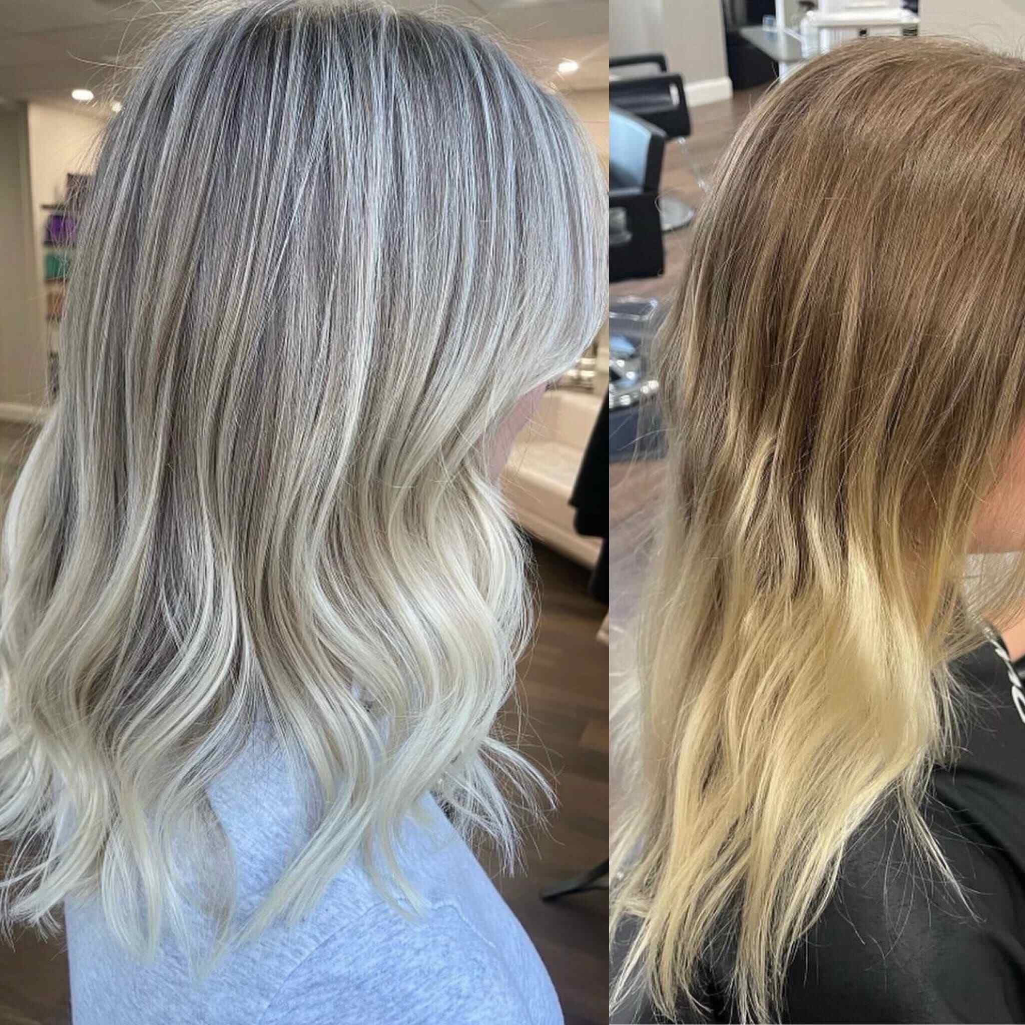 Side‑by‑side hair color change at Elavína Salon and Spa in Manchester NH.